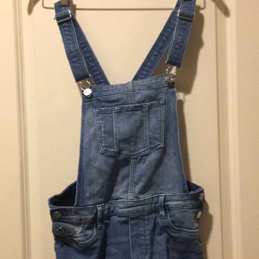 H&M girls Distress Denim Overalls snap sides stretch, adjustable straps size 14Y